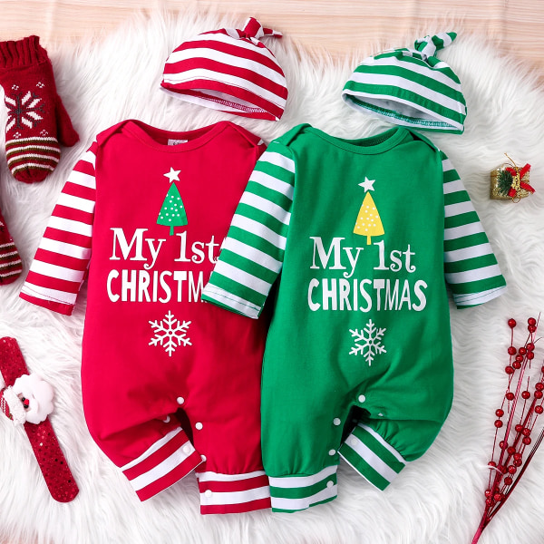 Juldräkt Nyfödd Baby Girl Kläder Nyfödda Bebisar Pojke Jumpsuit 95 % bomull Overaller med set Green 12-18Months