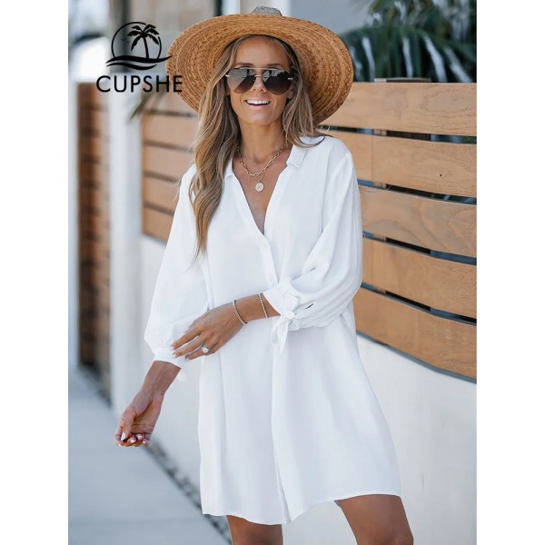 White Stripe Långärmad Bikini Cover Up För Dam Skjorta Strandklänning Tunika Skjortklänning 2023 Sommar Miniklänning Strandkläder CAA07B3H001AA XS