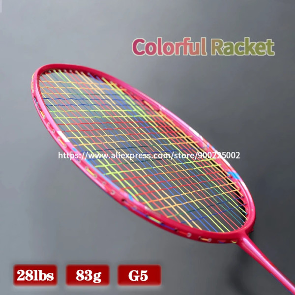 Färgglada strängar Badmintonracket i hel kolfiber med väskor 22-28LBS G5 Ultralätt 4U professionell offensiv racketsport Red
