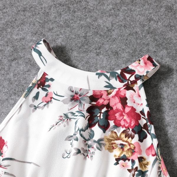 Print blommönster Vit Halter Neck Off Shoulder Bälted Romper Shorts för mamma och mig White Women L