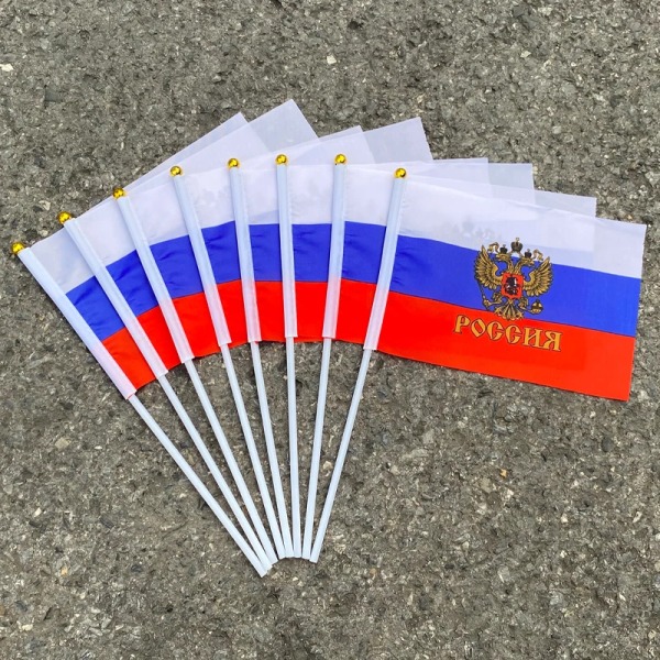 100 st 14*21 cm Rysslands president handhållna sticktygsflaggor säkerhetsboll Topp ryska hand nationella flaggor Sand Color