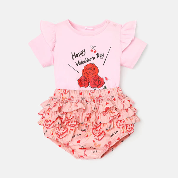 2st Baby Girl 100 % bomull kortärmad rosé grafisk t-shirt och print Layered volanger Shorts Set pink- 12-18Months