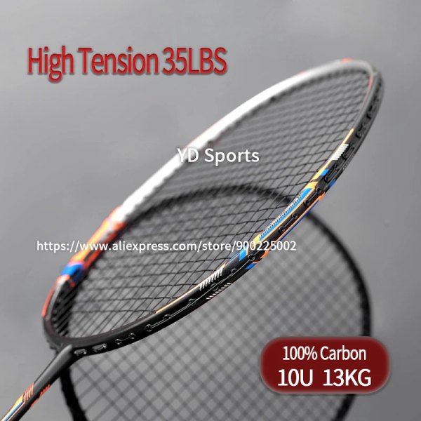Lättaste 10U G4 13KG 100% kolfiber badmintonracket Strung Max Tension 35LBS Professionell träningsracketväskor för vuxna Black