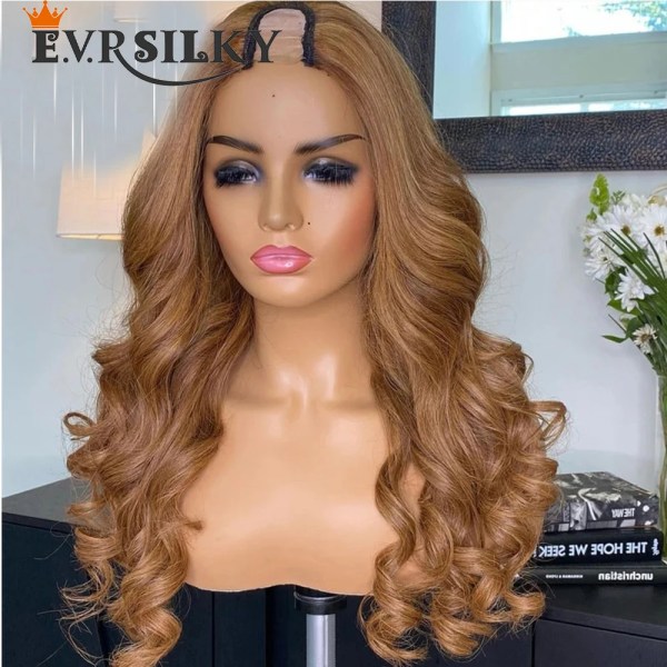 Golden Honey Blond Natural Wave V-del peruk med klämmor Remy 100 % människohår Mellanöppen peruk limlös kropp vågig hel U-form peruk 150density 10inches