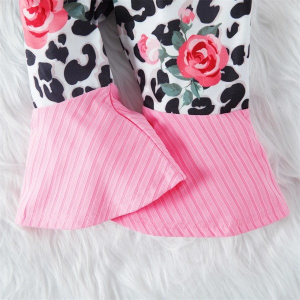 2st Baby Girl Print Rosa Långärmad Ribbstickad Topp med Leopard och Print Bottom Byx Set Pink 18-24 Month