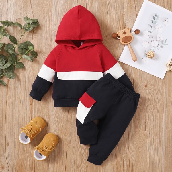 2st Baby Color Block Långärmad hoodie och byxa set Red 3-6Months