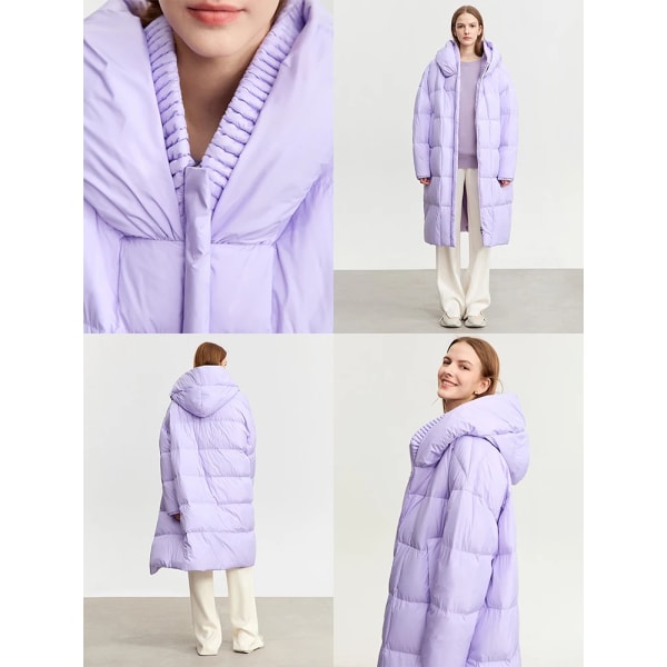 Minimalistisk 2023 vinter Ny varm huva dunkappa för kvinnor Dropsleeve Långt bröd Lösa vinterytterkläder 12324020 Purple S