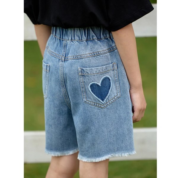 Barnshorts för flickor 2023 Sommarjeansbyxor Hollow Out Sweet Heart Barnkläder Casual Lösa jeansshorts 22342029 blue 140cm