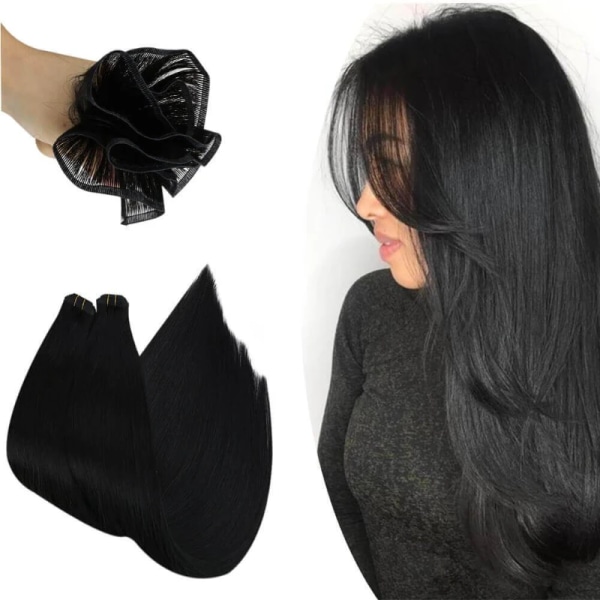 Hair Weft Virgin Hair Extensions Flat Silk Hair Weft 50g/2st Sy i buntar Riktigt människohår Slät rakt hår till salongen 1B 22inches