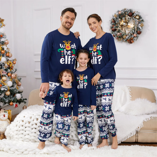 Julfamiljsmatchande mörkblå grafisk långärmad pyjamasset (flammsäker) Blueblack Kids 4-5 Years