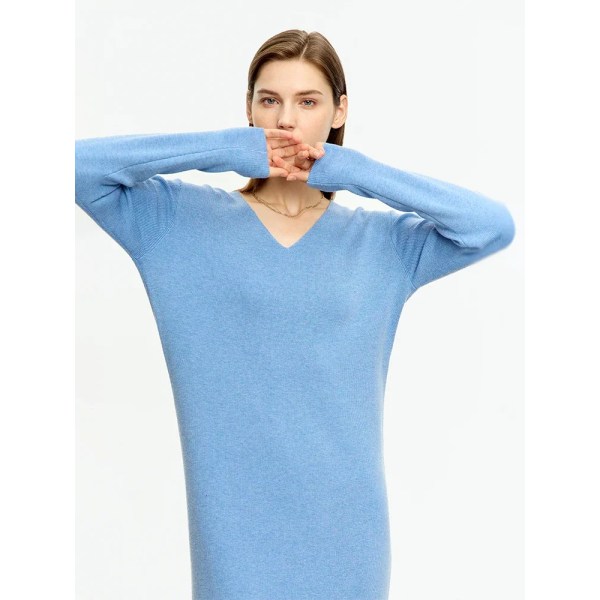 Minimalistiska Vinterklänningar för kvinnor 2023 Nya Lösstickad V-ringad Ull Slim Office Dam Solid Midi Rak Klänning 12353099 Grayish blue XL