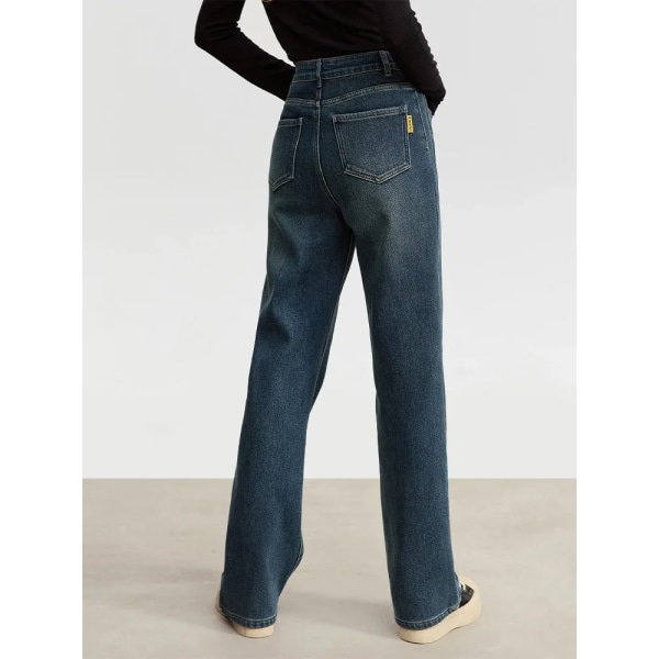 Minimalistiska jeans för kvinnor 2023 Vinter Nya lösa raka vida ben Plus Fleece Retro Fullängd Trendiga Byxor 12344281 black L