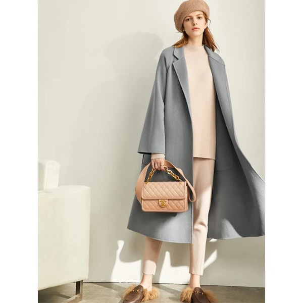 Minimalistisk ny fransk ullkappa för kvinnor 2023 vinterkavajkrage med bälte Vintage kvalitet mode långa blandningar 12324006 grayish blue L