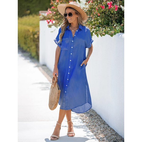 Skjorta krage Bell Sleeve Cover Up För Kvinnor Blå Sexig Lös Holiday Beach Button Dress 2023 Summer Midi Dress Beachwear CAA05A2G018TT S