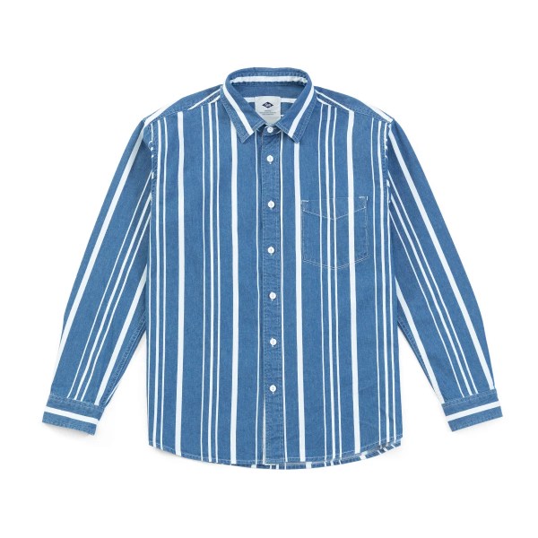 Våren 2023 Nya Oversize Vertikalrandiga jeansskjortor Herr 100 % bomull Hög kvalitet Vintage Arbetskläder Casual blue white striped M