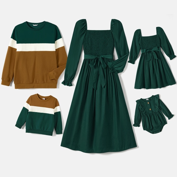 Matchande kläder för familjen Solida rynkade klänningar med bälte och långärmade färgblockskjortor Green Men L