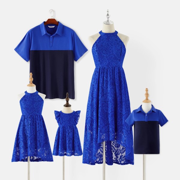Matchande familjekläder Guipure Spets Halter Neck Ärmlösa klänningar och Color Block Kortärmade T-shirts Set Blue Girl 4 -5 Years
