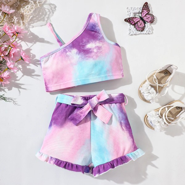 2 st Toddler Girl Trendig Tie Dye Waffle Camisole och bältade shorts Set Purple 3-4 Years