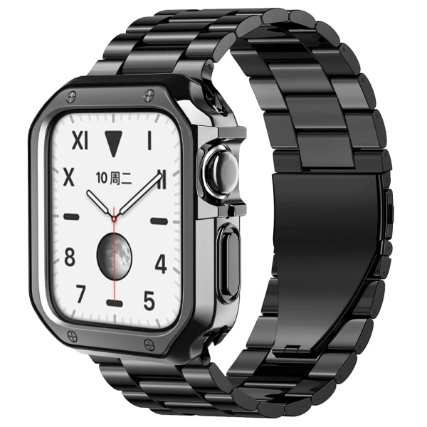 Metallrem + Mjuk TPU Case För Apple Watch 7 45mm 41mm 6 5 SE 44mm 40mm Rostfritt stål Watch Armband För iwatch 3 42mm 38mm Silver black For 41mm