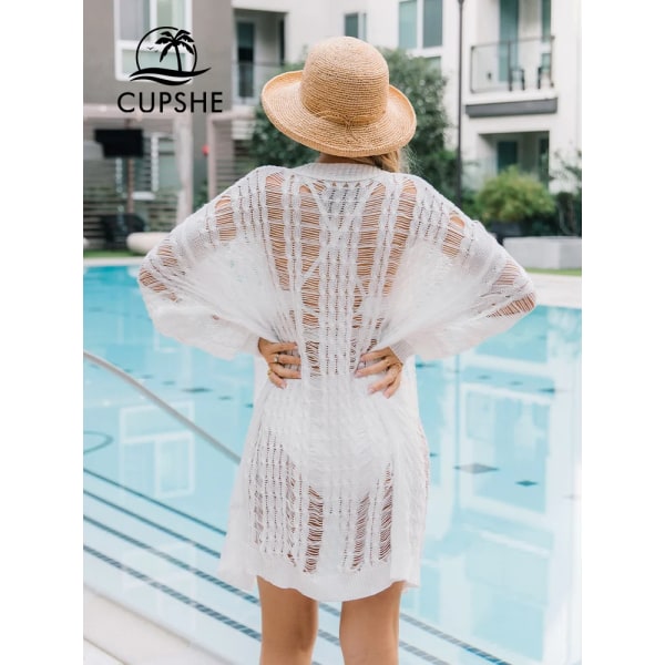 Virkad simöverdragskofta med öppen front för kvinnor Sexig långärmad strandbaddräkt Kimono Mini Cover Up 2024 Strandkläder WHITE L