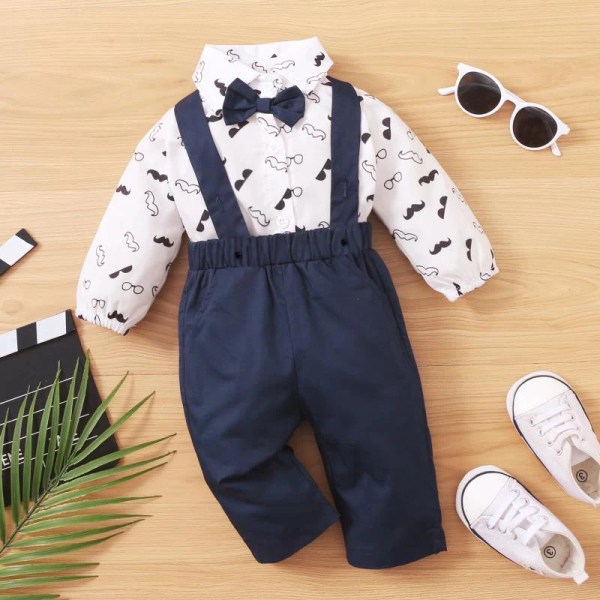 2st Baby Boy 95 % bomull Långärmad Gentleman Bowtie All Over Mustasch Print Romper and Solid Overall Set Navy 0-3 Months