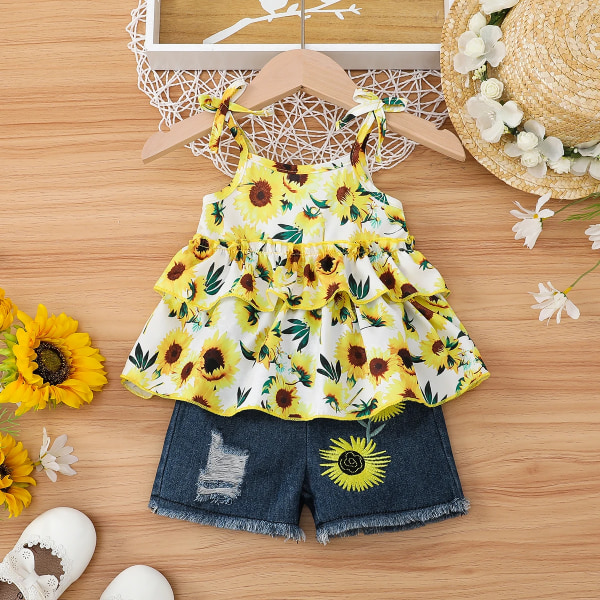 2st Baby Girl Sunflower Print Camisole och 100% bomull Ripped Denim Shorts Set Yellow 9-12Months
