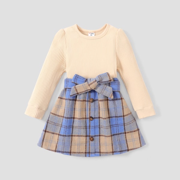 3st Toddler Girl Grid/Houndstooth Klassisk långärmad kostym-klänning Blue 5-6Years