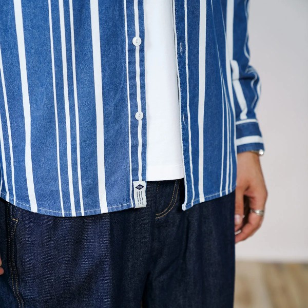 Våren 2023 Nya Oversize Vertikalrandiga jeansskjortor Herr 100 % bomull Hög kvalitet Vintage Arbetskläder Casual blue white striped M