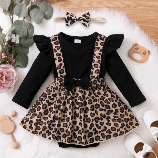 Baby Girl Leopard Splicing Svart bomullsvolang Långärmad Faux-two Romper Dress Black 12-18Months
