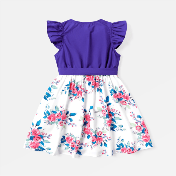Kid Girl Print Split Flutter-sleeve bältesklänning Blue 11-12 Years