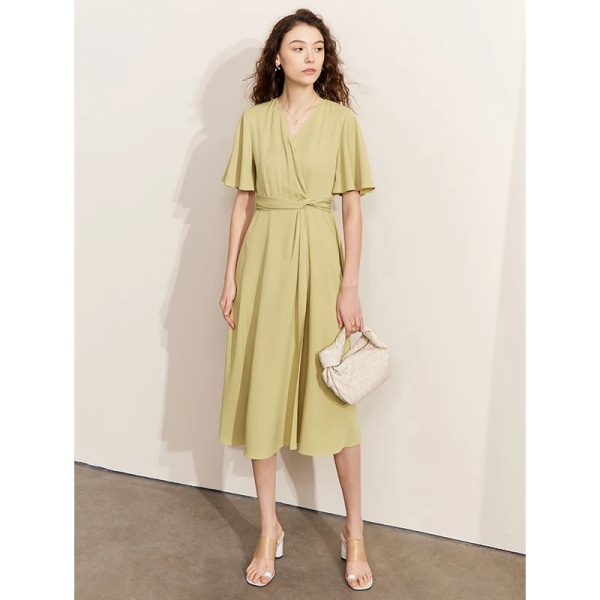 Minimalism Fransk Sommar Ny Klänning Kvinnor A Line Flare Sleeve Elegant Midi Party Klänningar för Kvinna Kvinna Vestidos 12322001 green M