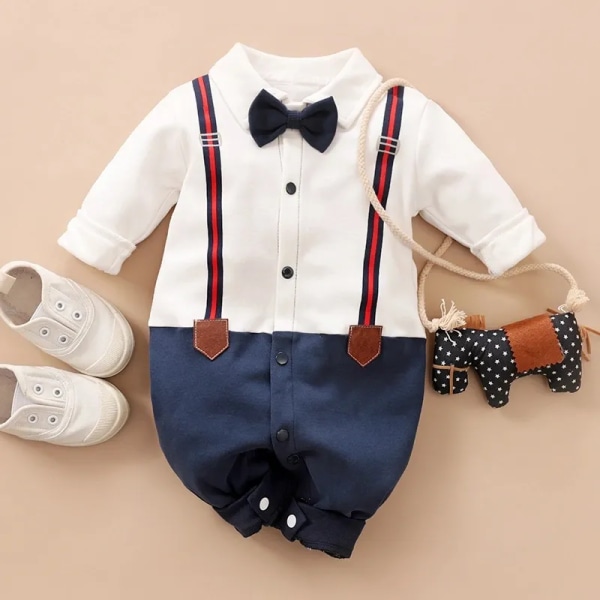 Romper i 100 % bomull Baby Color Block Pojkeimitation Långärmad Gentleman Lapel fluga Långärmad Jumpsuit Baby Grey 6-9 Months