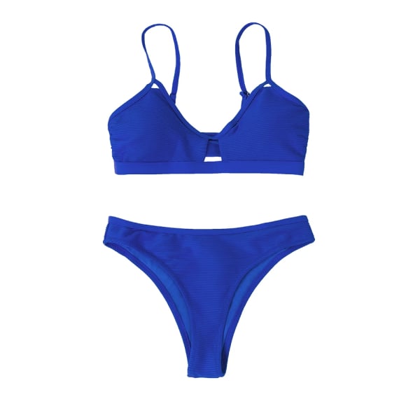 Ribbstickad blå utskärning med mitten av midjan Bikiniset Baddräkt För Kvinnor Sexig V-ringad Tvådelad Baddräkt 2023 Strandbadkläder AC21671L M