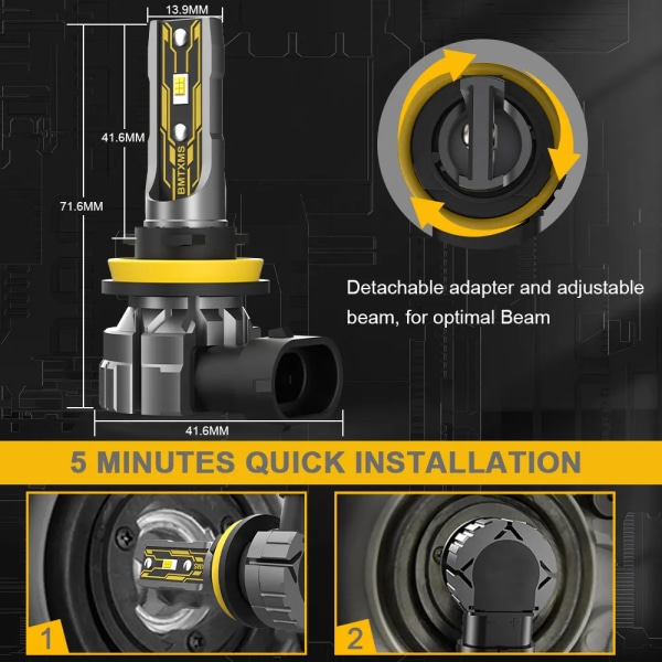 BMTxms 2x Canbus H11 H8 LED Dimljuslampor H10 H16JP H27 880 881 H27W LED DRL H9 9006 HB4 H1 H3 Bilkörlampa Vit Gul 6500K White
