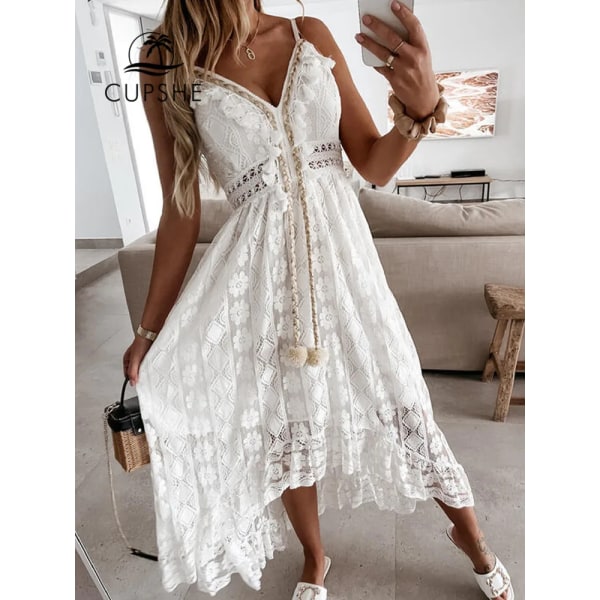 V-ringad snörning Cover Up För Kvinna Vit Sexig Spets Lös Holiday Beach Slip Dress 2023 Summer Maxi Dress Beachwear CAA05A2E063GG XL