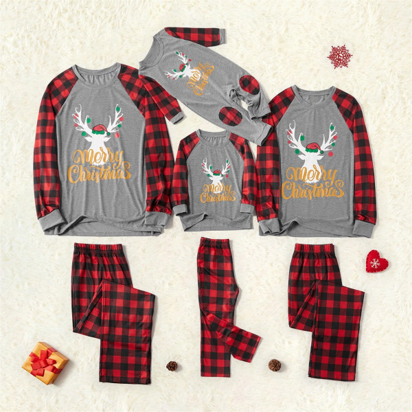 Familjematchande pyjamasset Merry Christmas Letter Antler Print Plaid Splash Pyjamasset för familjen (flammsäker) Grey Kids 2 Years