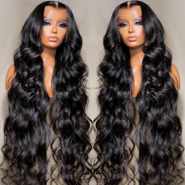 Brasiliansk 30 32 36 tum Body Wave 13x4 spets främre människohår peruk limlös Hd Transparent spets frontal peruk förplockad för kvinnor 13x4 Hd Lace Wig 22inches