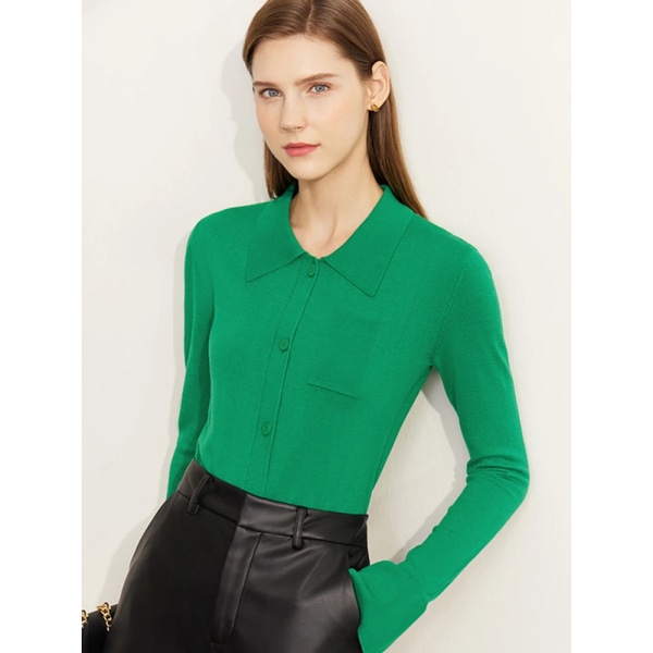 Minimalistisk ylletröja av skjorta för kvinnor 2023 Höst Ny Smal fransk Minimalistisk Cardigan med nedfällbar krage 12323179 vintage green M