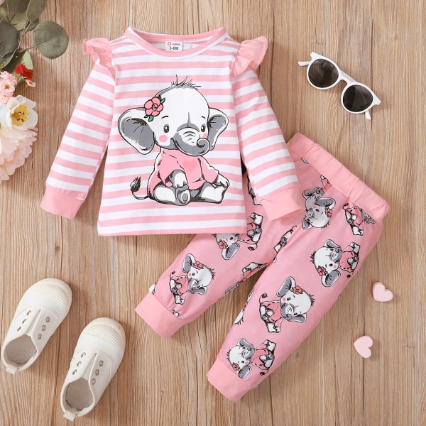 2st Baby Girl 95 % bomull volanger långärmad randig t-shirt och print Naia™ set Pink 12-18Months