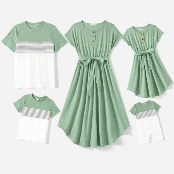 Matchande kläder för familjen Rejäla kortärmade klänningar med bälte och randiga Colorblock T-shirts-set Green Women L