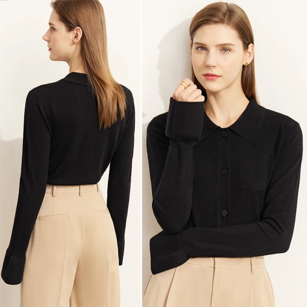 Minimalistisk ylletröja av skjorta för kvinnor 2023 Höst Ny Smal fransk Minimalistisk Cardigan med nedfällbar krage 12323179 black XL