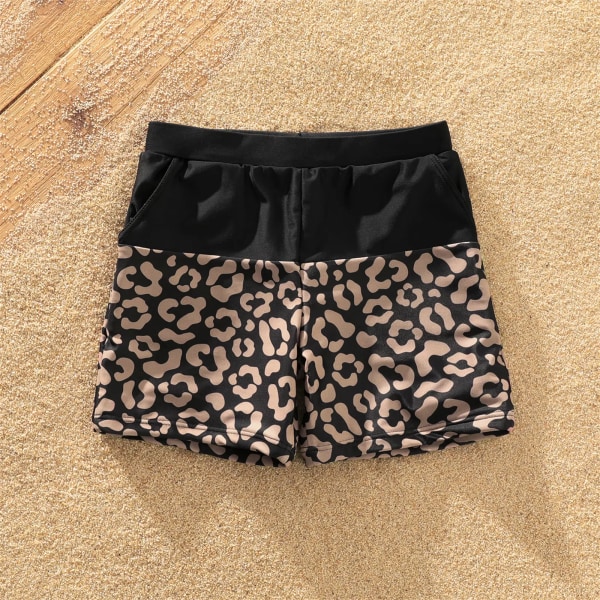 Familjematchande leopardskarv svarta badbyxor shorts och en axel självknytande baddräkt i ett stycke Black Girl 2 Years