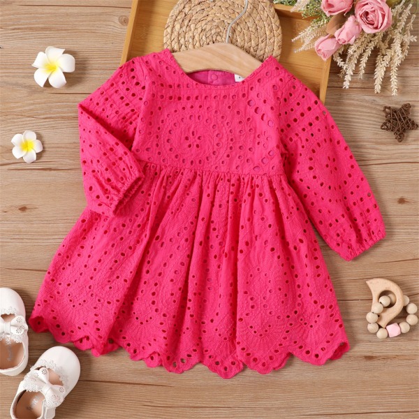 100 % bomull sommar Härliga baby Designerkläder Långärmade ihåliga blommor utbroderad klänning Söta toddler Hot Pink 0-3 Months