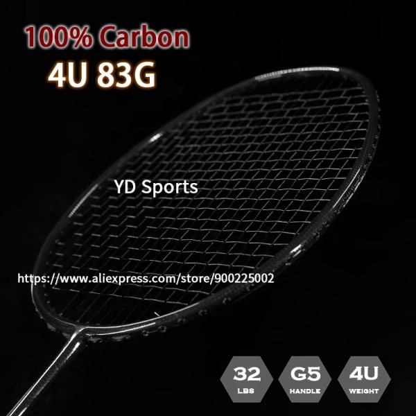 Badmintonracket av hög kvalitet gjord av 100 % vävd kolfiber, uppträdd, professionell träningsracket, lätt vikt 6u 22-28lbs för vuxna Black