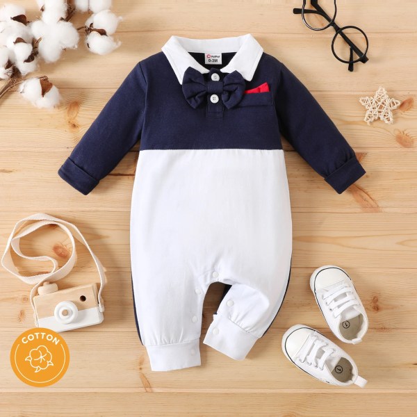 Baby Boy 95 % bomull fluga Dekor Kontrastkrage Långärmad Splitsad Jumpsuit Festoutfit BLUEWHITE 3-6 Months