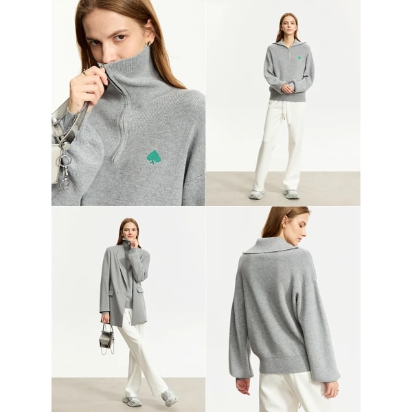 Minimalistisk Blixtlås Turtleneck Ylletröja Dam 2023 Vinter Ny Lös Broderi Varm Pullover Stickad Dam 12344122 grey S