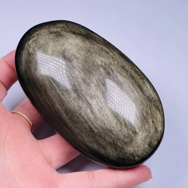 Nytt ！！！Bästa kvalitet naturligt guld Obsidian Ellipse Reiki Gem Healing Dekoration 110-130G