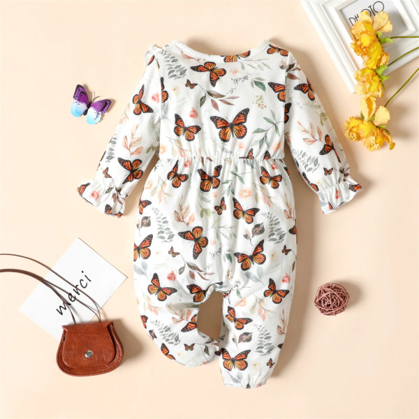 Baby Girl Brun/Vit Butterfly Print Långärmad Ruffle Jumpsuit Color block 0-3 Months