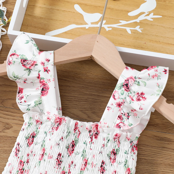 Toddler sött print med smockad ärmlös klänning White 4-5Years