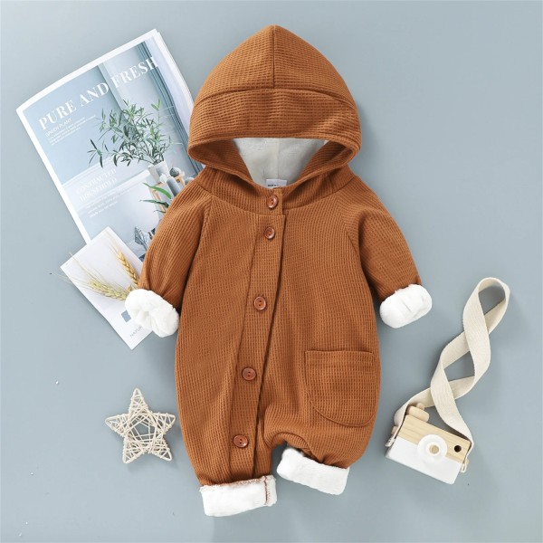 Baby flickor / Baby Boys 95 % bomull Långärmad förtjockad fleecefodrad solid långärmad huva våffla Jumpsuit Brown 3-6 Months